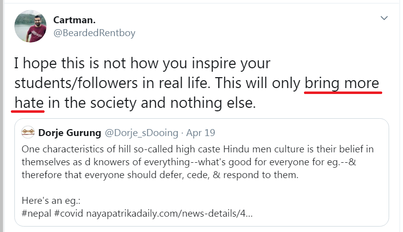 Why do Nepalis think/believe that talking abt or raising caste-specific topics/issues will "bring more hate in the society" (see image below)?Do Nepalis of castes hate each other but, as long as we DON'T talk about or bring up caste issues, treat each other nice?  #caste  #Nepal