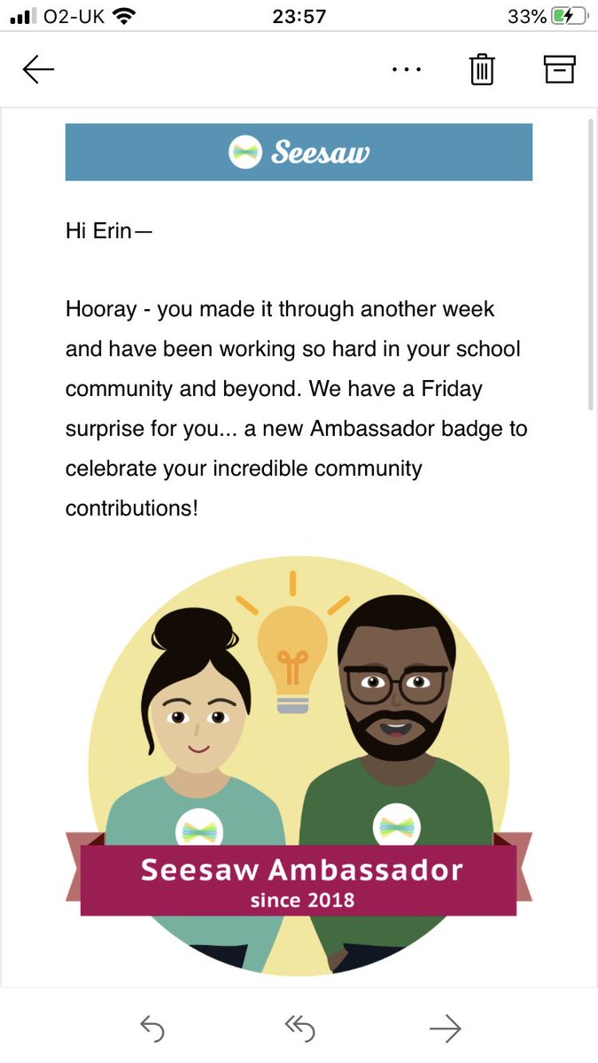 ecmowatt's tweet photo. Nice email to receive ☺️ love @Seesaw and it’s the perfect tool to support us all through this crazy time 💕 couldn’t be without it! #SeesawAmbassador #newbadge https://t.co/juKSqaDNxV