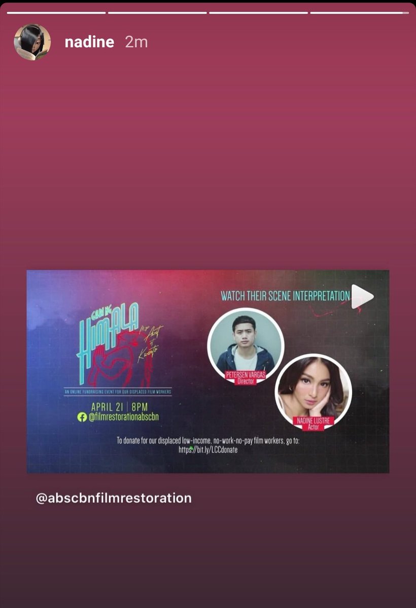 Sharing her talents alongside respected directors and actors to help raise funds for the displaced low income, no-work, no-pay film workers during this quarantine periodCourse your donations through:  https://bit.ly/LCCdonate nadine igs/abscbnfilmrestoration (April 21, 2020)