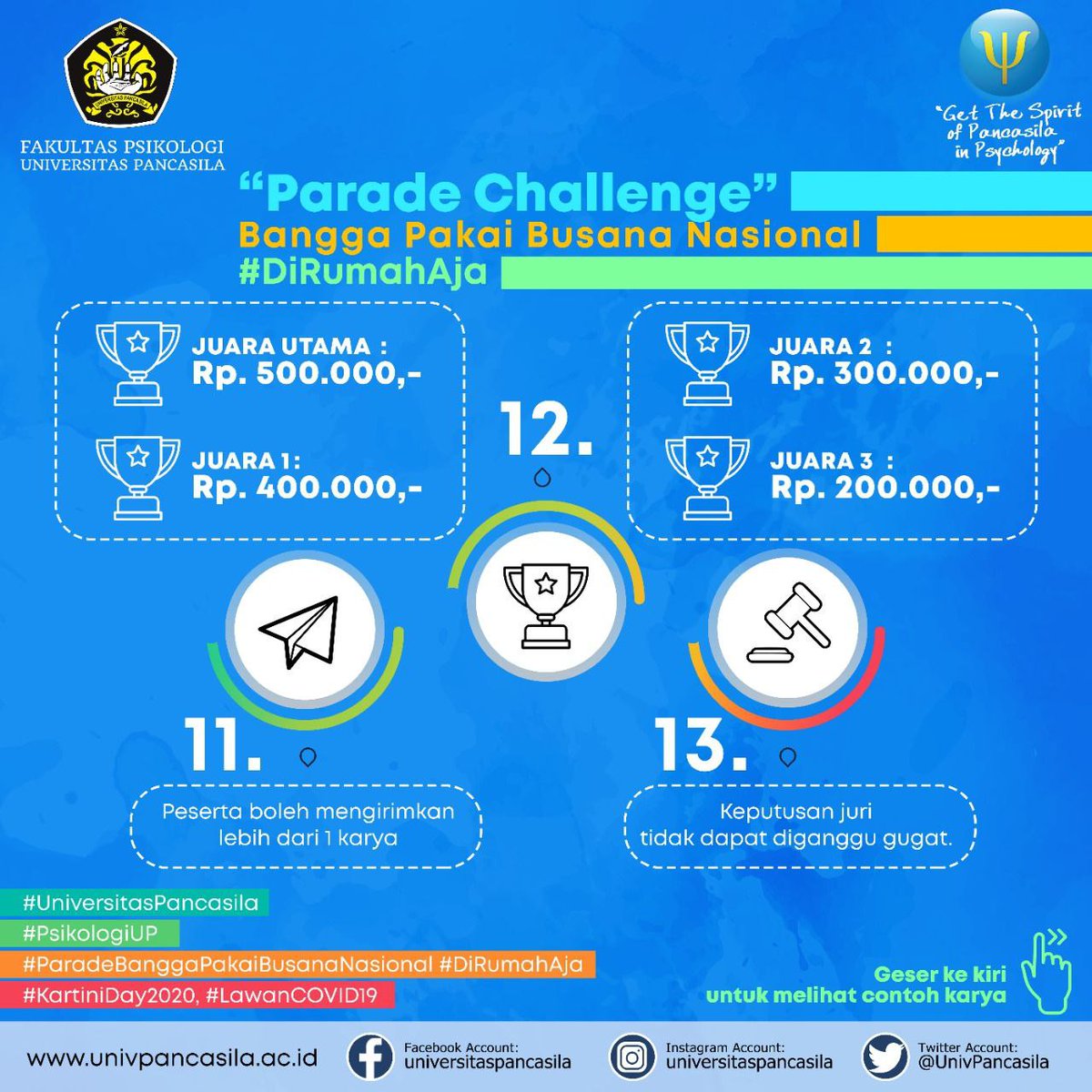 Dalam rangka memperingati Hari Kartini 21 April 2020, Fakultas Psikologi Universitas Pancasila bersama Biro Humas dan Ventura Universitas Pancasila menyelenggarakan

Parade Challenge
Bangga Pakai Busana Nasional
#DiRumahAja

#ParadeBanggaPakaiBusanaNasional