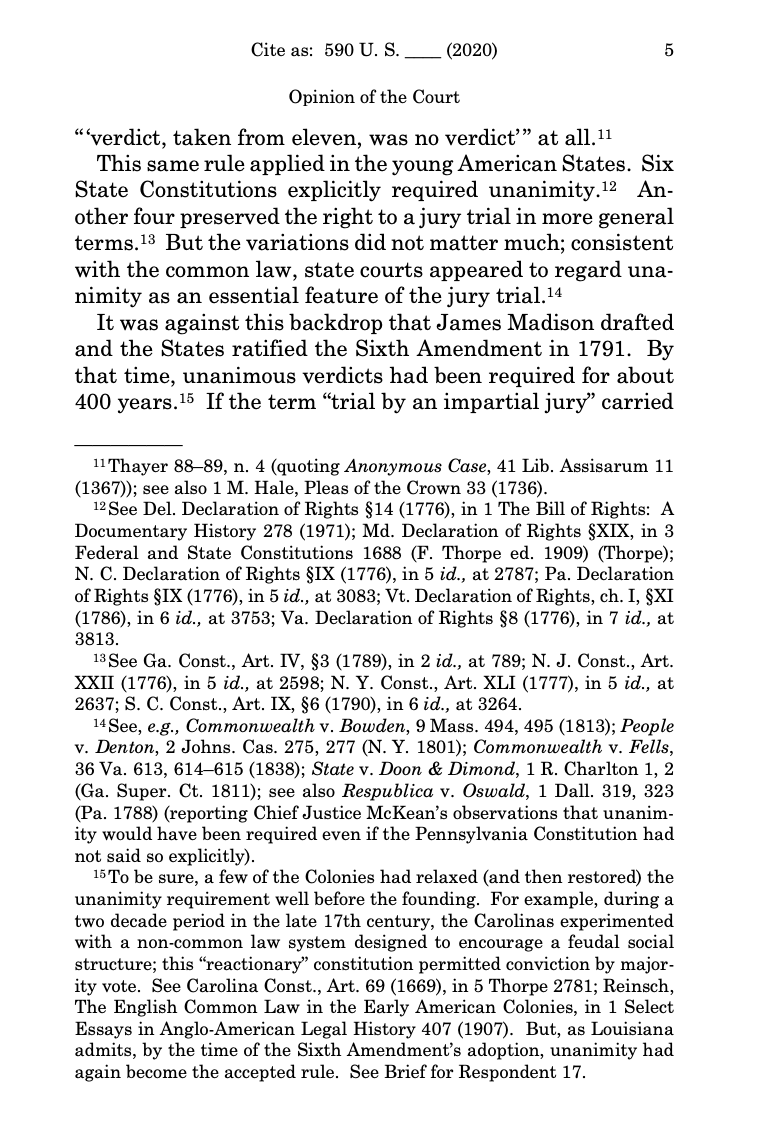 Reading Ramos, I am struck by the citation style: It's the first Supreme Court majority opinion I recall in which all citations are in footnotes. I find that style annoying, I confess. If citations are important enough to include, put them in the text.  https://www.supremecourt.gov/opinions/19pdf/18-5924_n6io.pdf