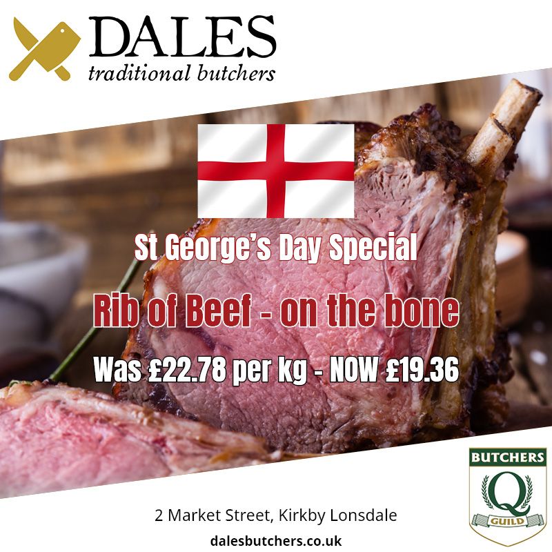 DalesButchers's tweet photo. St George's Day SPECIAL OFFER

SAVE 15% Beef Rib on the bone, e.g. 3kg joint was £68.94 - NOW £58.60

Use coupon code GEORGE at the checkout (ends 25/04/2020) https://t.co/YyXaemnaig https://t.co/XUJUrfwQZ5