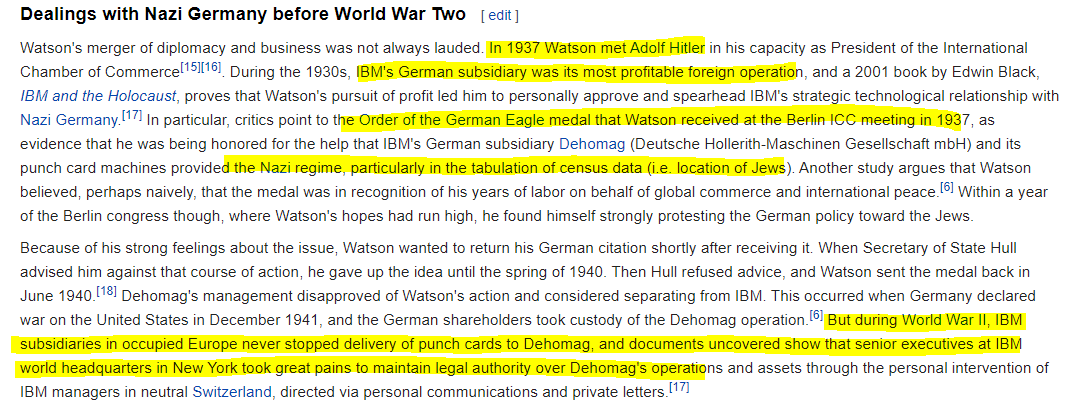 ITT (later absorbed into AT&T) provided Hitler with a state of the art communications systemIBM's contribution would be even more egregious. President Thomas J. Watson provided the Nazis with the "19th-century barcodes" used to keep track of their concentration camp prisoners