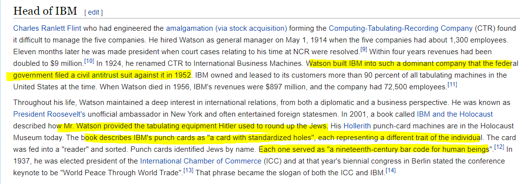 ITT (later absorbed into AT&T) provided Hitler with a state of the art communications systemIBM's contribution would be even more egregious. President Thomas J. Watson provided the Nazis with the "19th-century barcodes" used to keep track of their concentration camp prisoners