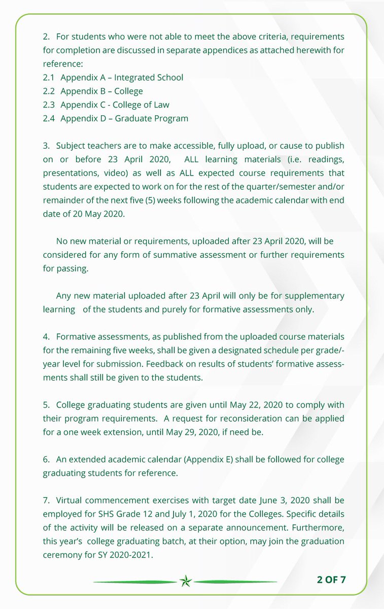 As many adjustments have been made, the school has continuously been working on the final announcements which will be shared to the students, parents, and all Lasallian partners. Below is the OFFICIAL memo (for IS) posted in Canvas from the VCA in response to our inquiries. (2/2)