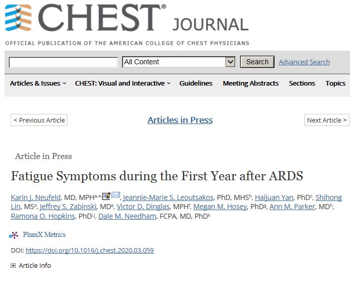 🚨 OTs take note: for ARDS survivors, 70% and 66% report clin. significant fatigue at 6 and 12 months, respectively.
Link to paper: ncbi.nlm.nih.gov/pubmed/32304774

Thank you <a href="/DrMeganHoseyPhD/">Megan Hosey</a> for bringing to my attention.