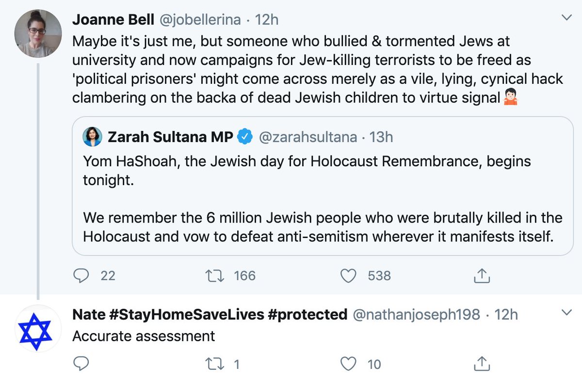 This is a particularly vile tweet sent in response to  #ZahraSultan's tweet about Holocaust Remembrance.  #IsraelLobby  #Labour We see who the haters are.