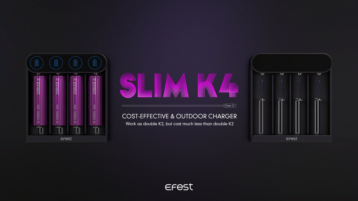EfestCompany's tweet photo. New, Cost-effective, Type-C USB port, Efest Slim K4 outdoor charger
#charger #efest #battery #vape #vapeshop#vaper #vapes #vapewholesale #vapetricks #ecigs #like #follow https://t.co/h3KkD6Wft3