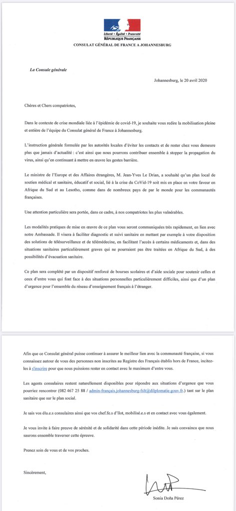 France In Joburg On Twitter Covid19 Message De La Consule Generale A La Communaute Francaise