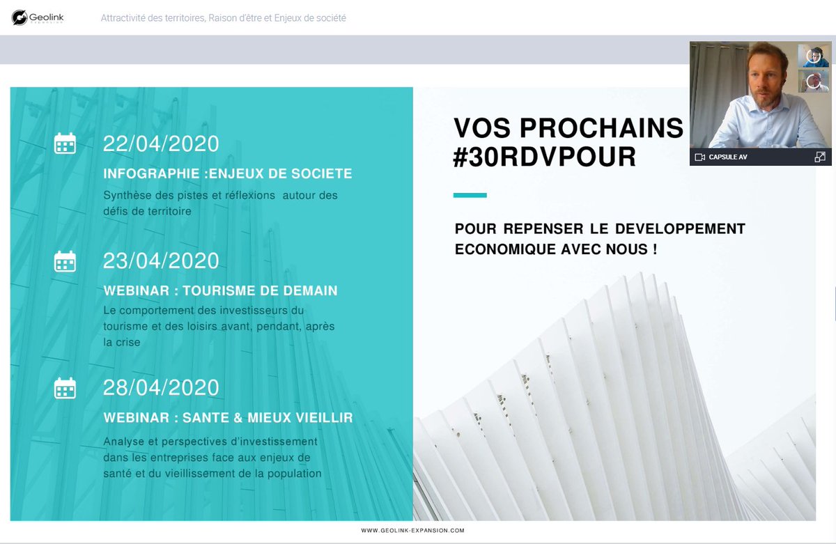 GeolinkFrance's tweet image. Merci à tous les participants de notre #webinar &quot;#Attractivité des territoires, raison d&apos;être et enjeux de société&quot; qui ont contribué à enrichir nos échanges et notre réflexion sur le futur du #deveco
On vous retrouve demain pour un nouveau RDV!
geolink-expansion.com/defi-30rdvpour/
#30RDVPOUR