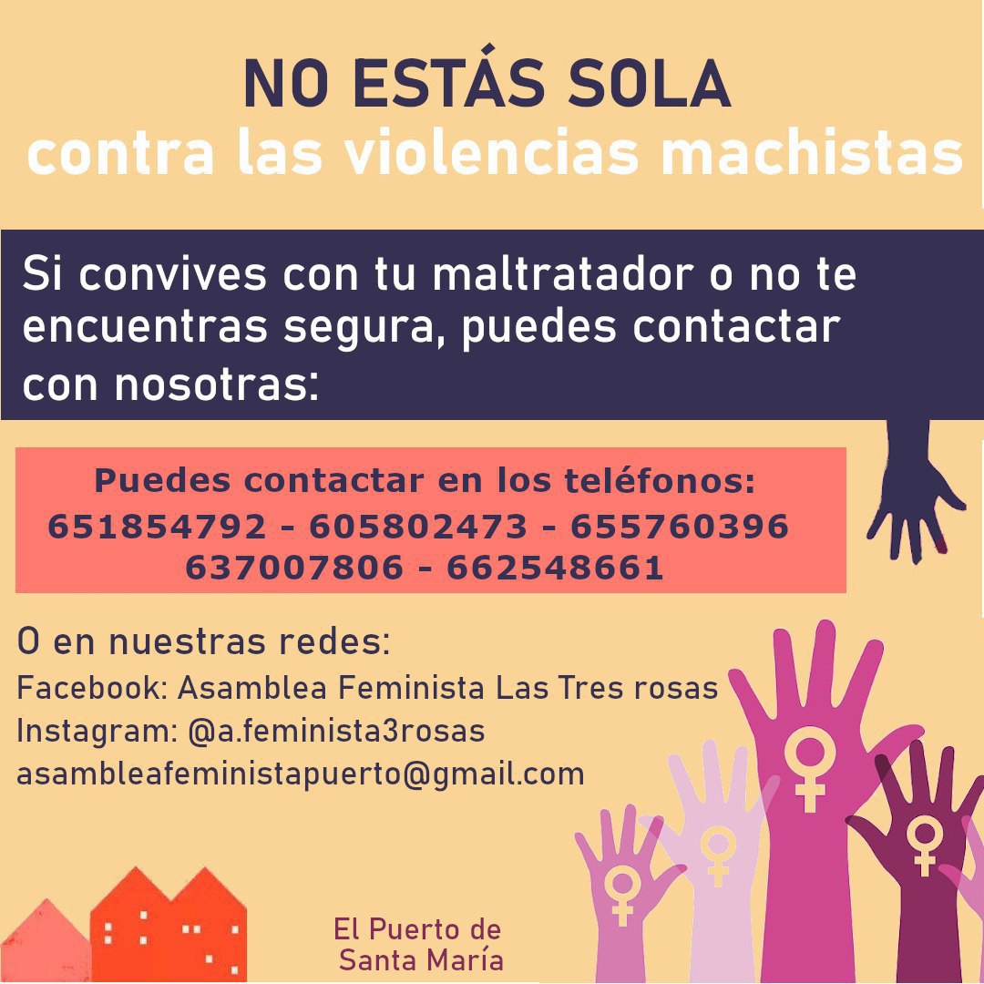 No estás sola contra las violencias machistas. Si convives con tu maltratador o no te encuentras segura, puedes contactar con nosotras 👇🏼
