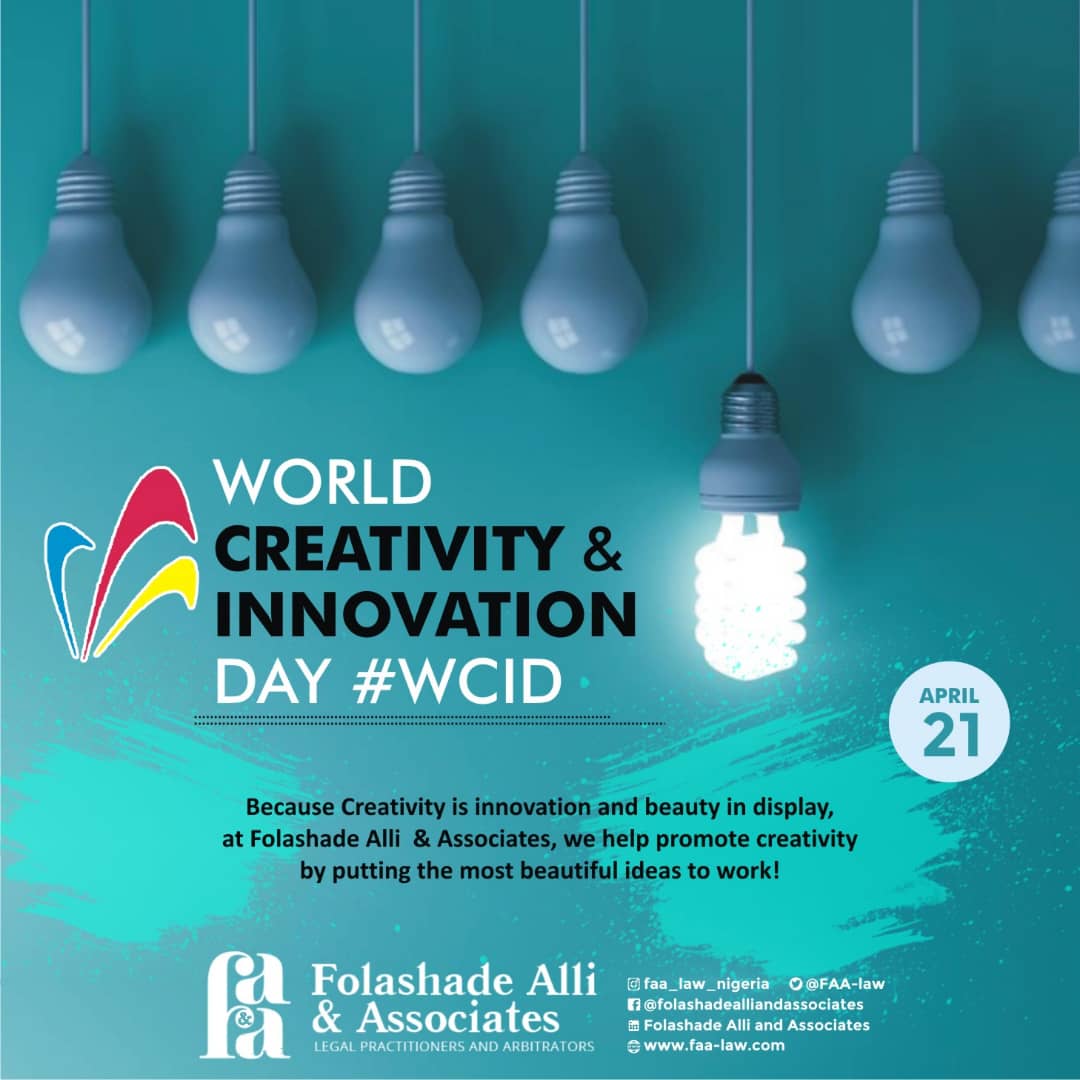 Because Creativity is innovation and beauty in display, at Folashade Alli & Associates, we help promote creativity by putting the most beautiful ideas to work!

#WorldCreativityandInnovationDay #WorldCreativityDay #intellectualproperty #ideaprotection #lawfirmsinNigeria