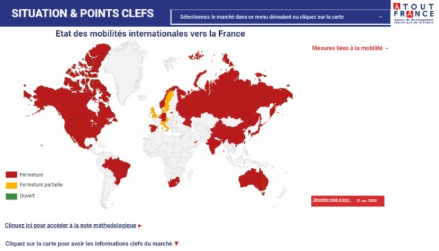 atout_france's tweet image. Depuis ce matin, @atout_france met à disposition des pros du #tourisme une carte interactive permettant de suivre en temps réel l’impact du #Covid-19 à travers le monde et d'anticiper les réouvertures de marchés
👉Pour tout savoir : bit.ly/2RSvHgq