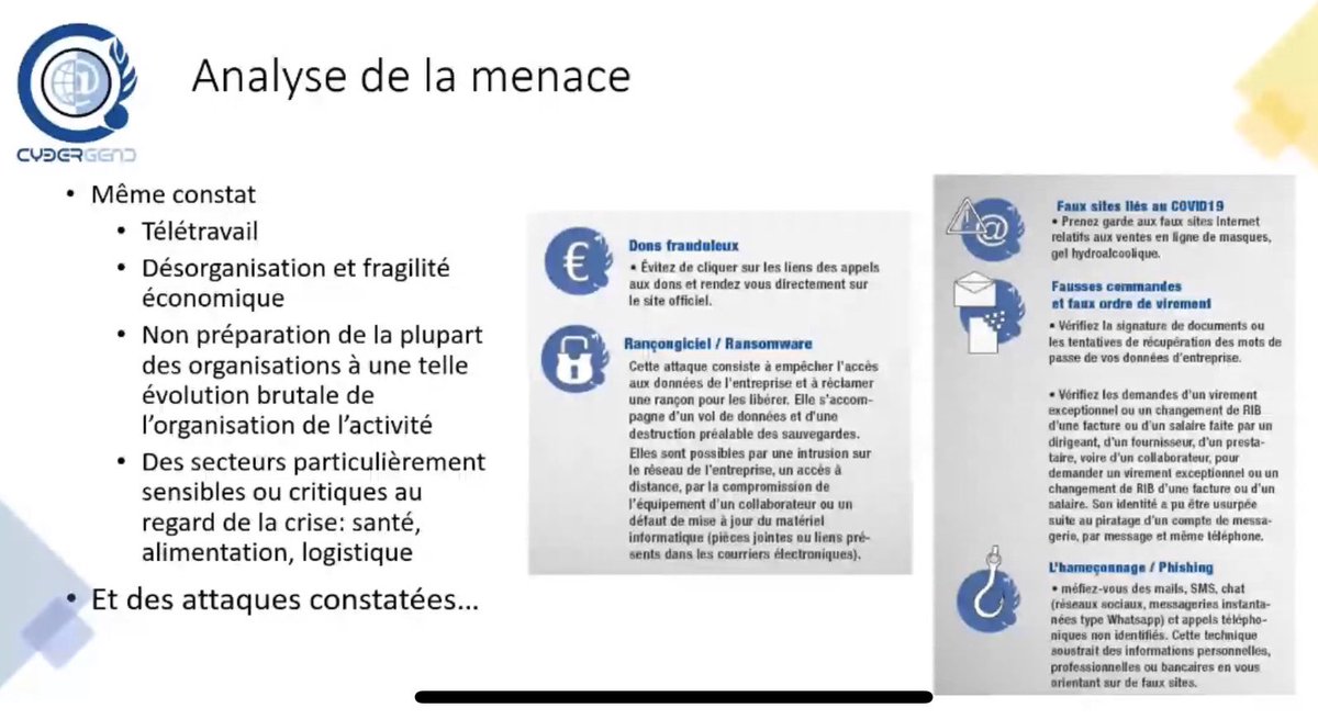DataFeel's tweet photo. Analyse de la menace cyber #COVID19
↗️ des connexions ↗️ des vulnérabilités, défaut d’hygiène numérique @augouard
✖️des attaques
=> dons frauduleux #ransomware faux sites & ordres de virement #phishing fausses commandes & appli #StopCovid ..
⚠️ Anticiper @ericfreyss #FICobs https://t.co/SQn08B6LLI
