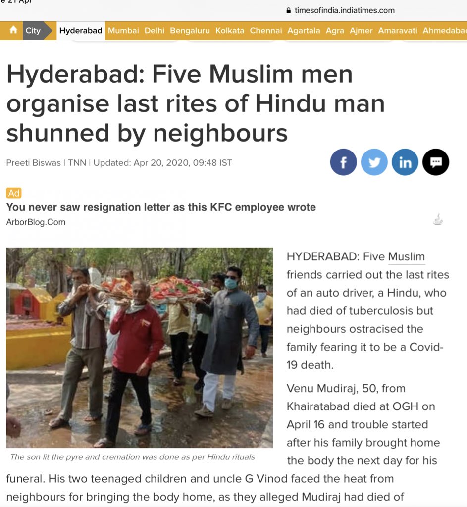 So this report was published in TOI on 20 April - ‘Five Muslim men organise last rites of Hindu man shunned by neighbours’The family of the deceased reached out to me, saying it’s completely FALSE, has made them a laughing stock and harmed their reputationReport shortly