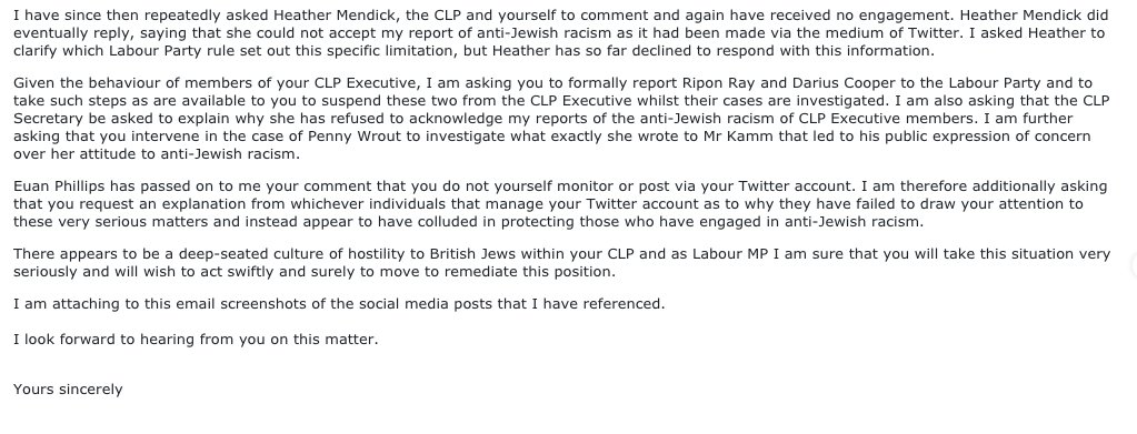 Euan and I both emailed and spoke to Meg Hillier's office on this matter but to the best of our knowledge no action has been taken. Thus in 2020 Darius Cooper is still posting antisemitic abuse.I am posting here the full initial email that i sent to  @Meg_HillierMP