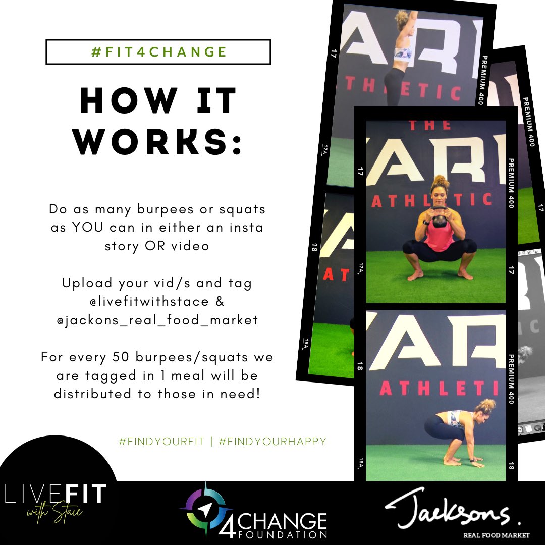 StaceHolland's tweet image. Join our #BurpeeAndSquatChallenge with @livefitstace @jacksonsrfm! Instructions below! Just move everyday, upload your videos and tag us! For every 50 burpees/squats we receive —a meal is given to those in need! #Fit4Change @4changesa @Eusebius @Radio702