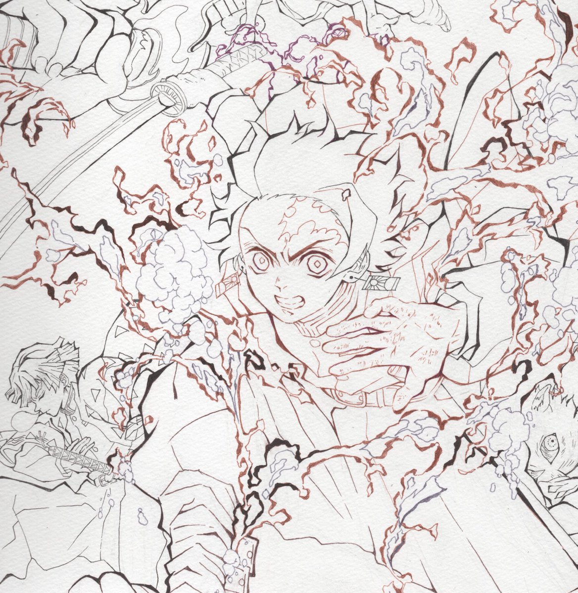 鬼滅の刃*無限列車編キービジュアルの線画イラスト完成しました