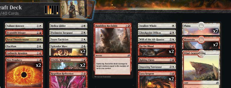 Did two more drafts. The UB Mutate deck ended up 2-1, but the RW Cycling deck went 1-2. Taking me to 21-6 in  #MTGIkoria Draft. I think the RW deck needed to be 13 lands...