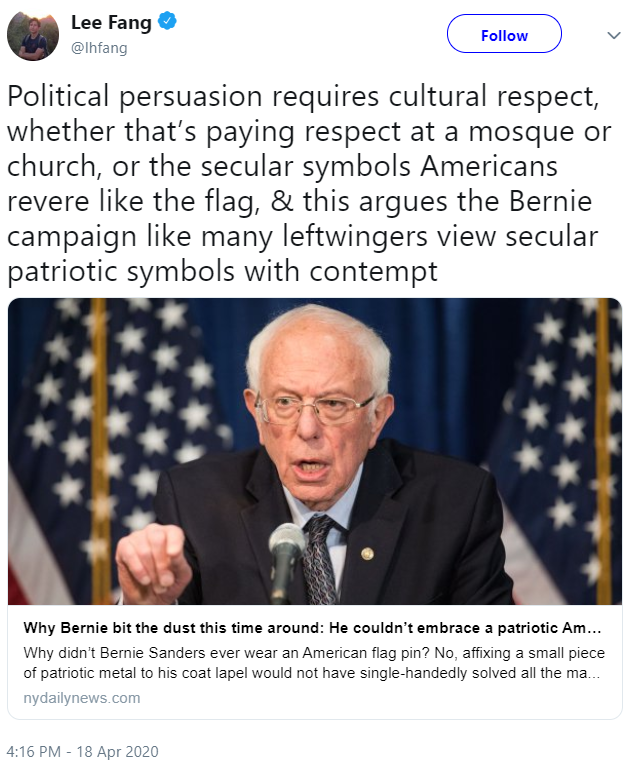 now he's doing the "biden's win proves bernie lost because he didn't wear an american flag lapel", which somehow isn't evil "idpol" of course, that's just the norm, an expression of "true american values". just total fucking hackery