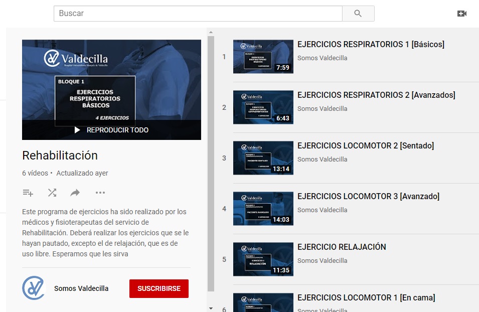 El Servicio de Rehabilitación ha preparado unos videotutoriales para que sus pacientes puedan seguir ejercitándose en buenas condiciones a pesar de la crisis sanitaria por #COVID19. Pueden verse en las teles de las habitaciones y también están online aquí: youtube.com/playlist?list=…