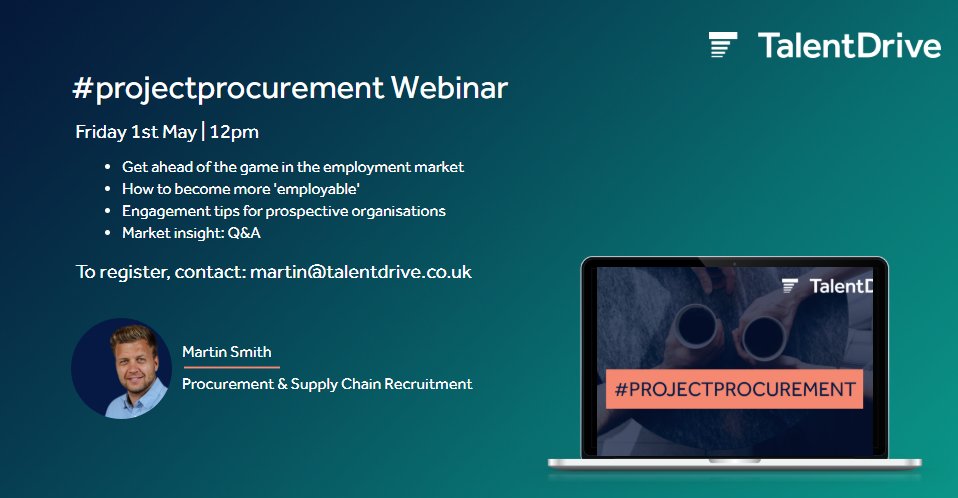 talent_drive's tweet photo. We're thrilled to announce the second of our #projectprocurement webinars. Join Talent Drive founder Martin Smith on Friday 1st May he'll be discussing how to get ahead of the game when it comes to going through the recruitment process.
Register: martin@talentdrive.co.uk https://t.co/O0uPzNQOqM