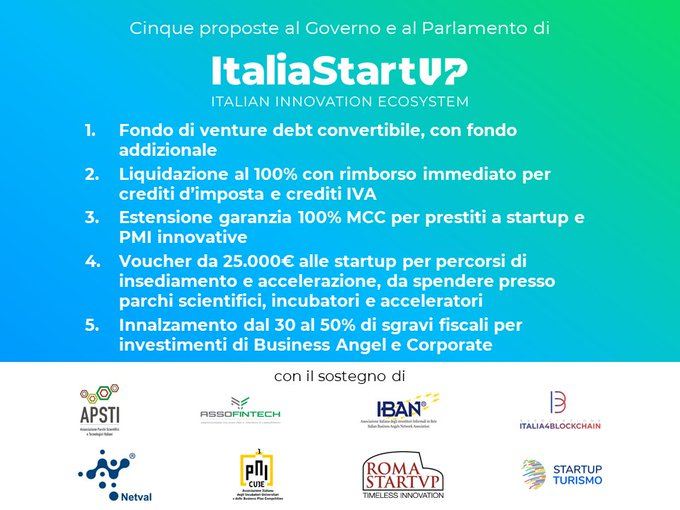 🚀@Italia_Startup chiede #5azioniurgenti per far fronte alla crisi con un piano di rilancio.

L'appello a @Palazzo_Chigi 
con @APSTI @assofintech @NetvalITA @RomaStartup @startup_turismo @PNICube
#Italia4blockchain #IBAN

#INNOVAZIONECHIAMAITALIA