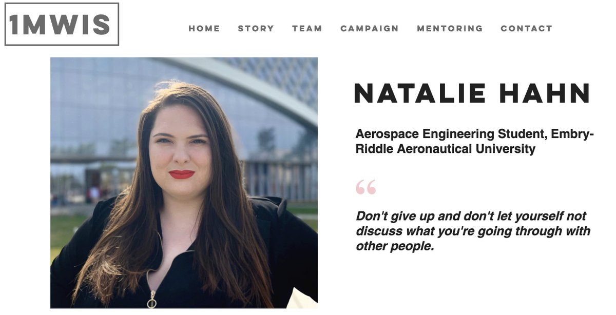 THREAD 15/51Say hi to Natalie Hahn - an aerospace engineering student who is learning about how to make the next generation of military aircraft to help defend the nation. She also leads several  #womeninSTEM organizations - she's  https://www.1mwis.com/profiles/natalie-hahn