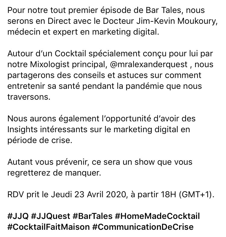 JJQUESTCMR's tweet photo. Bar Tales épisode 1.
Avec @Tunechii___ , Médecin et expert en marketing digital.
https://t.co/uvCzXl5Esb
#JJQ #JJQuest #BarTales #HomeMadeCocktail #DrinkResponsibly https://t.co/d3CELARKkH