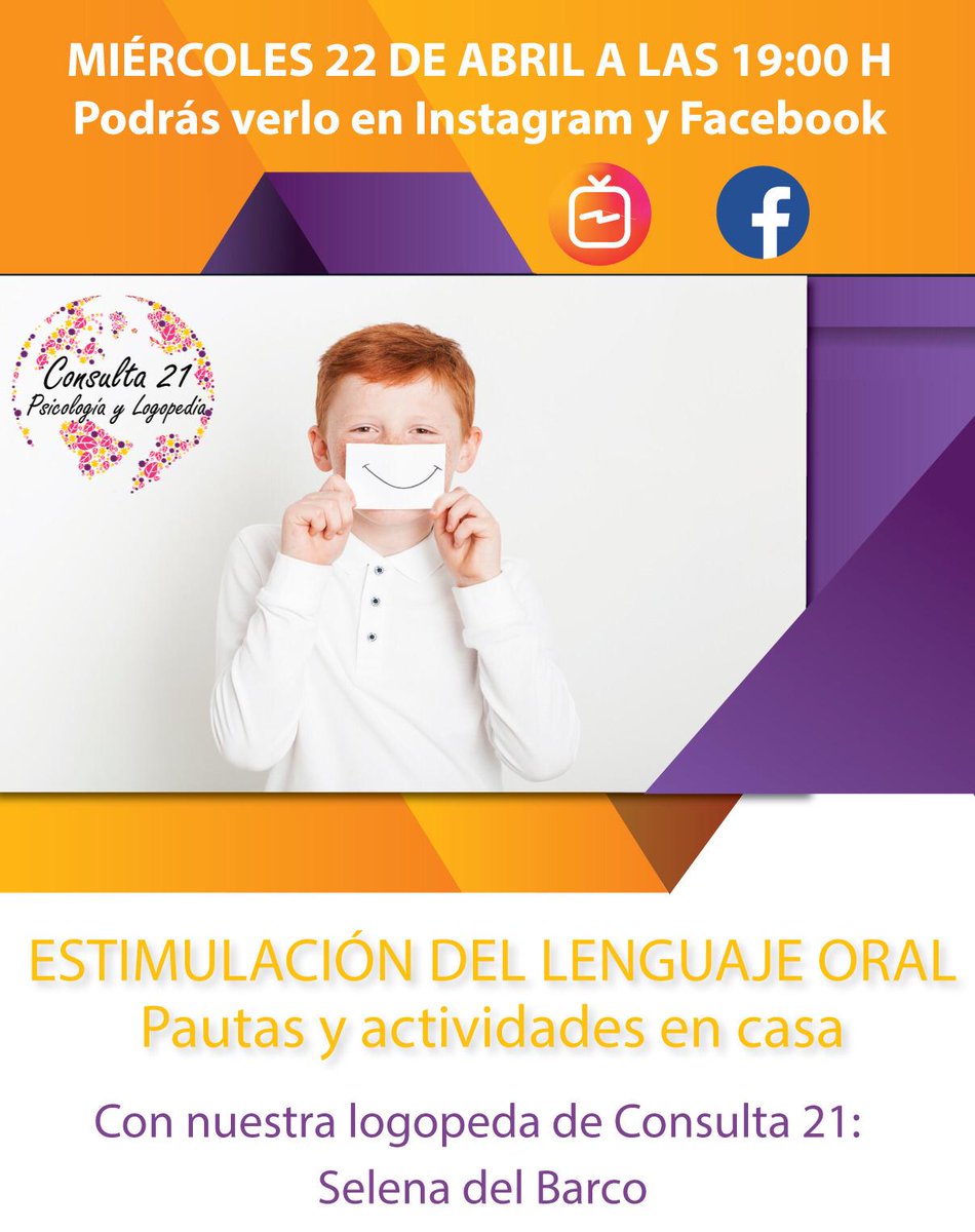Consulta_21's tweet photo. 🔔 ESTIMULACIÓN DEL LENGUAJE ORAL. Pautas y actividades en casa con nuestra logopeda: Selena del Barco 👩‍💼

📆 MIÉRCOLES 22 DE ABRIL A LAS 19:00 h

📲 Podrás verlo desde nuestro perfil de FACEBOOK y INSTAGRAM de consulta21  

👉🏻https://t.co/ZN0v5PZmEk

👉🏻 https://t.co/o7hDvKYvwW https://t.co/bMSKwDoSRl