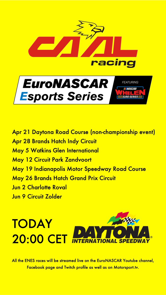 <a href="/EuroNASCAR/">NASCAR Euro Series</a> - ESports series starts tonight  @DISupdates - All NWES teams and more than 60 drivers r already confirmed to race every Tuesday night live from 20:00 CET watch d race live on (#YouTube #Facebook #Twitch #MotorsportsTV)

#NWES #EuroNASCAR #NASCAR #PureRacing #iRacing