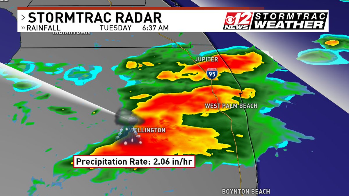 LoleskyWX's tweet photo. Impressive rainfall rate with this storm over #Wellington right now. Gusty winds and hail likely #flwx #storm #morningstorm @CBS12 https://t.co/1WKqxDCD8r