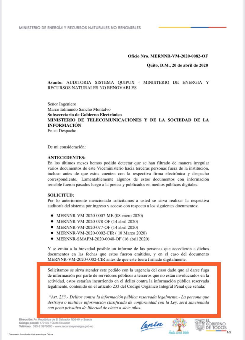 VillaFernando_'s tweet photo. URGENTE: Como en los peores tiempos del correato, el Viceministro de Minas, desata una cacería de brujas por difusión de información de #Llurimagua y otros proyectos cuestionados. Solo para los corruptos revelar información pública es un delito. Atender @Lenin @RecNaturalesEC https://t.co/aIsp0DSyIg