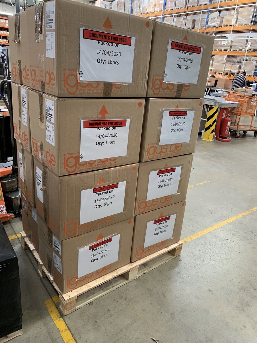 Big update from @igusUK ! Here is one of 4 pallets packed up and ready to go to front line workers in care homes around the country! Big thank you to all our #N3DPSsuppliers that have made this possible.

To help us make more PPE donate here: bit.ly/N3DPSdonations