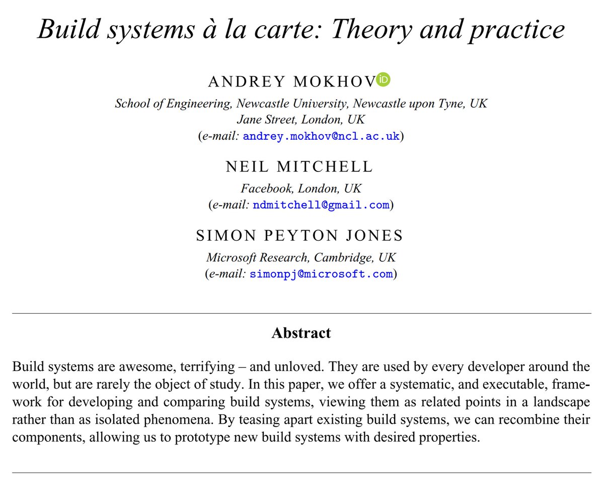 Happy to share the news that an extended version of the Build Systems à la Carte paper got published in the Journal on Functional Programming, and it's Open Access: https://www.cambridge.org/core/journals/journal-of-functional-programming/article/build-systems-a-la-carte-theory-and-practice/097CE52C750E69BD16B78C318754C7A4It's a big milestone for us but not the end of the journey to the world of build systems!