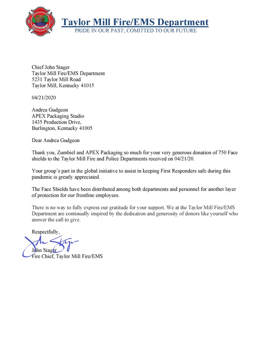 tmfireky's tweet image. We want to thank APEX 360 and Zumbiel Packaging for the generous donation of 750 safety face shields. Great to have another safety tool for our First Responder.