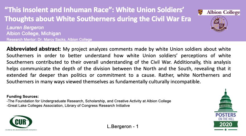 LBergeron23's tweet photo. My research focuses on understanding how white Union soldiers' attitudes toward white Southerners affected their understanding of the meaning of the Civil War!
#POH2020 #POHGoesVirtual https://t.co/zGsp9qbWTg