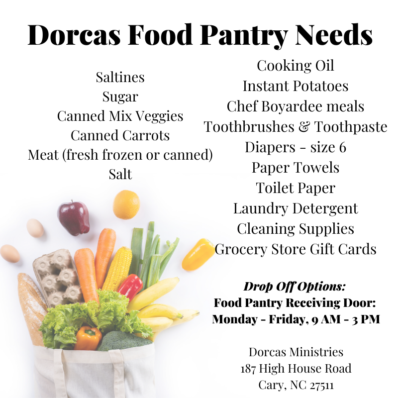 DorcasCary's tweet image. Our Food Pantry continues to have a variety of needs during this season. 

If you are able, we would be honored if you would consider making a food (or financial) donation to the pantry.  

Screenshot or save the photo for our current most needed items and our donation hours.