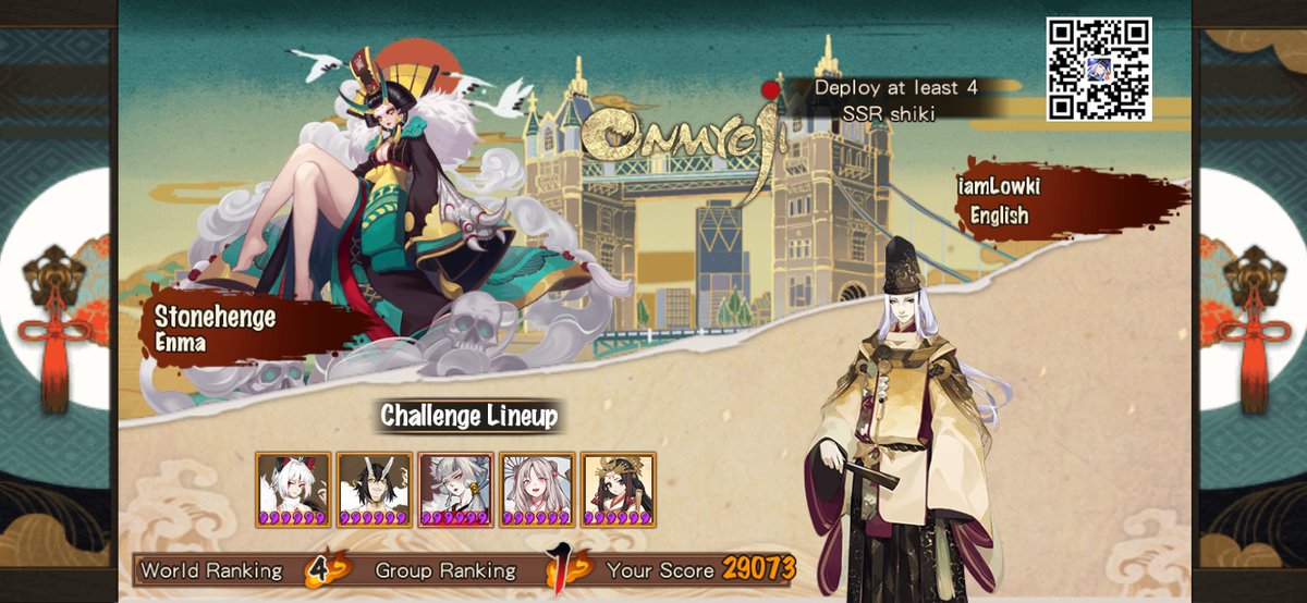 LoobiD's tweet photo. #Onmyoji  My score for challenging the Area Boss Stonehenge - Enma is 29073! I ranked No. 1 in my group and No. 4 in the world! https://t.co/G0dycXgoWy