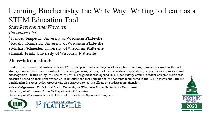 TempestaFranni's tweet photo. UW-Platteville is using Writing To Learn as a STEM education tool. Studies have shown that applying a writing assignment to a courses' main concepts enhances student conceptual understanding. Our next step is better understanding the peer review process. #POH2020 #POHGoesVirtual https://t.co/LBbiJSolL2