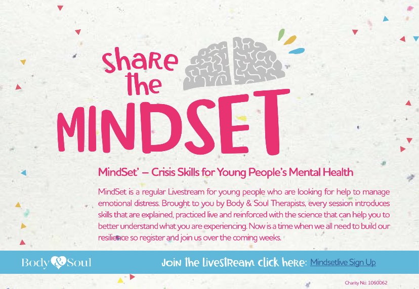 SelfCareQueen_'s tweet photo. Join @bodysoulcharity MindSET-a FREE #mentalhealth livestream for people aged 16-30. Sharing skills, in particular DBT techniques to cope &amp; manage during this crisis. Next session Weds. 22nd - 11.30am.
You can view it outside of live time once registered! https://t.co/rCBDnvdBzS https://t.co/r0Pilse49f