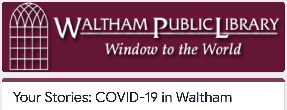 CityofWaltham's tweet photo. The Waltham Public Library is launching a way for Waltham's citizens, employees, and students to share their stories about how they've been affected by the COVID-19 pandemic! 

You can add your thoughts, experiences, and stories here: https://t.co/vOqbaRbAGq https://t.co/CzkMr0PoAt