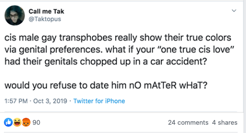 This tweet details the homophobia from Trans Activist who insist that Lesbian's like penis, and gay men vagina.After the initial post that will be done over a few days, I will update with new examples weekly. Feel free to link to it as needed.  #cottonceiling  #boxerceiling