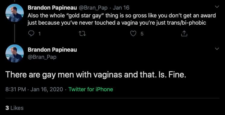 This tweet details the homophobia from Trans Activist who insist that Lesbian's like penis, and gay men vagina.After the initial post that will be done over a few days, I will update with new examples weekly. Feel free to link to it as needed.  #cottonceiling  #boxerceiling