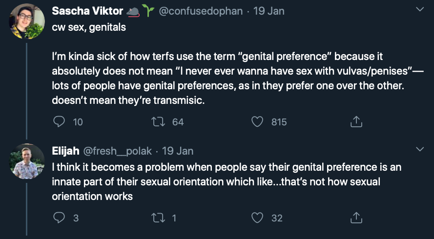 This tweet details the homophobia from Trans Activist who insist that Lesbian's like penis, and gay men vagina.After the initial post that will be done over a few days, I will update with new examples weekly. Feel free to link to it as needed.  #cottonceiling  #boxerceiling