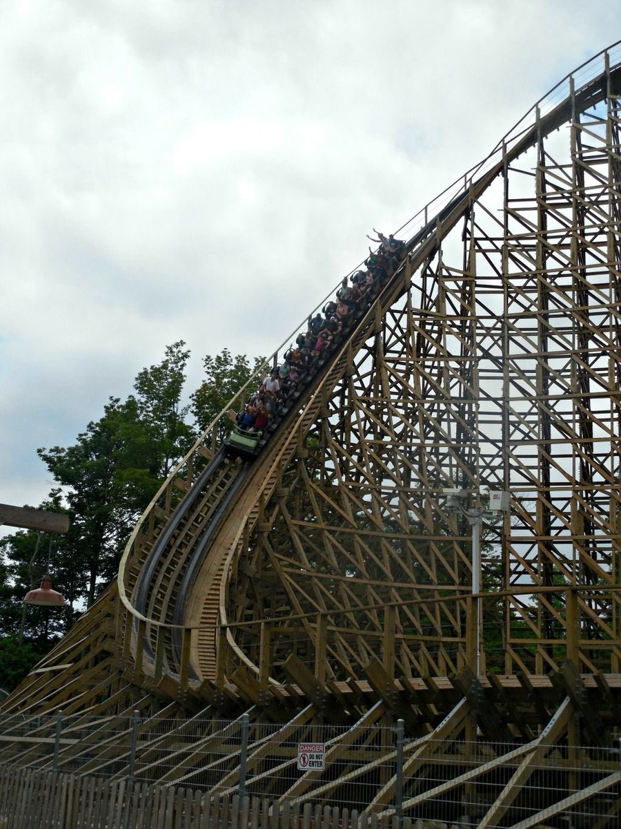 mystic timbers (2017-present) is a gci wooden coaster with a max height of 109 feet and a max speed of 53 mph. the stats aren't too impressive but you zooooom through the layout. the ride has so much airtime and you kinda feel like you're being thrashed around.