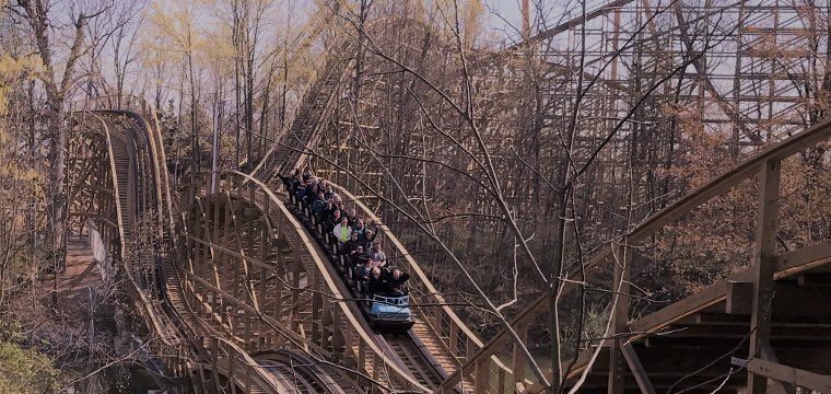 mystic timbers was marketed with the hashtag  #whatsintheshed or something and the shed is gimmicky but at least you can listen to catchy 80s music and have a little fun while you wait on the brake run. it's also the best themed ride in the park with a story line and everything.
