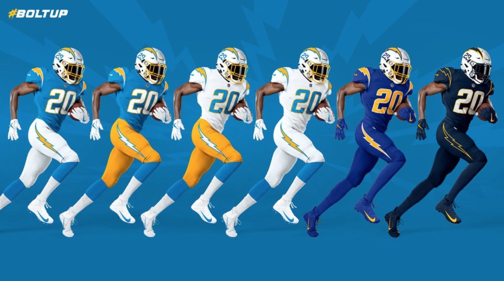 1. Los Angeles Chargers. Look at these fucking things. Everything about them is incredible. The bolts, the colour combinations, the numbers on the helmet. These might genuinely save their franchise from total irrelevance. I cannot stop looking at them