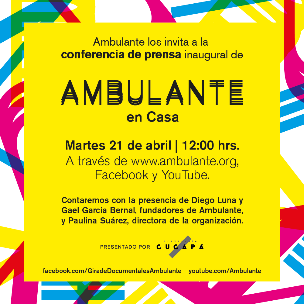 ¿Dónde puedes ver la conferencia de prensa inaugural de Ambulante en Casa? 👇🏾

- ambulante.org
- youtube.com/Ambulante
- facebook.com/GiradeDocument…

#AmbulanteGiraContigo 
Presentado por <a href="/cucapa/">@cucapa</a>