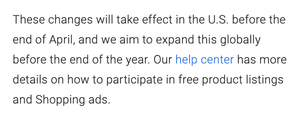 searchliaison's tweet photo. Also, support for free merchant listings in Google Shopping for countries outside the United States is expected to come later this year. https://t.co/yK6NiN6fb0